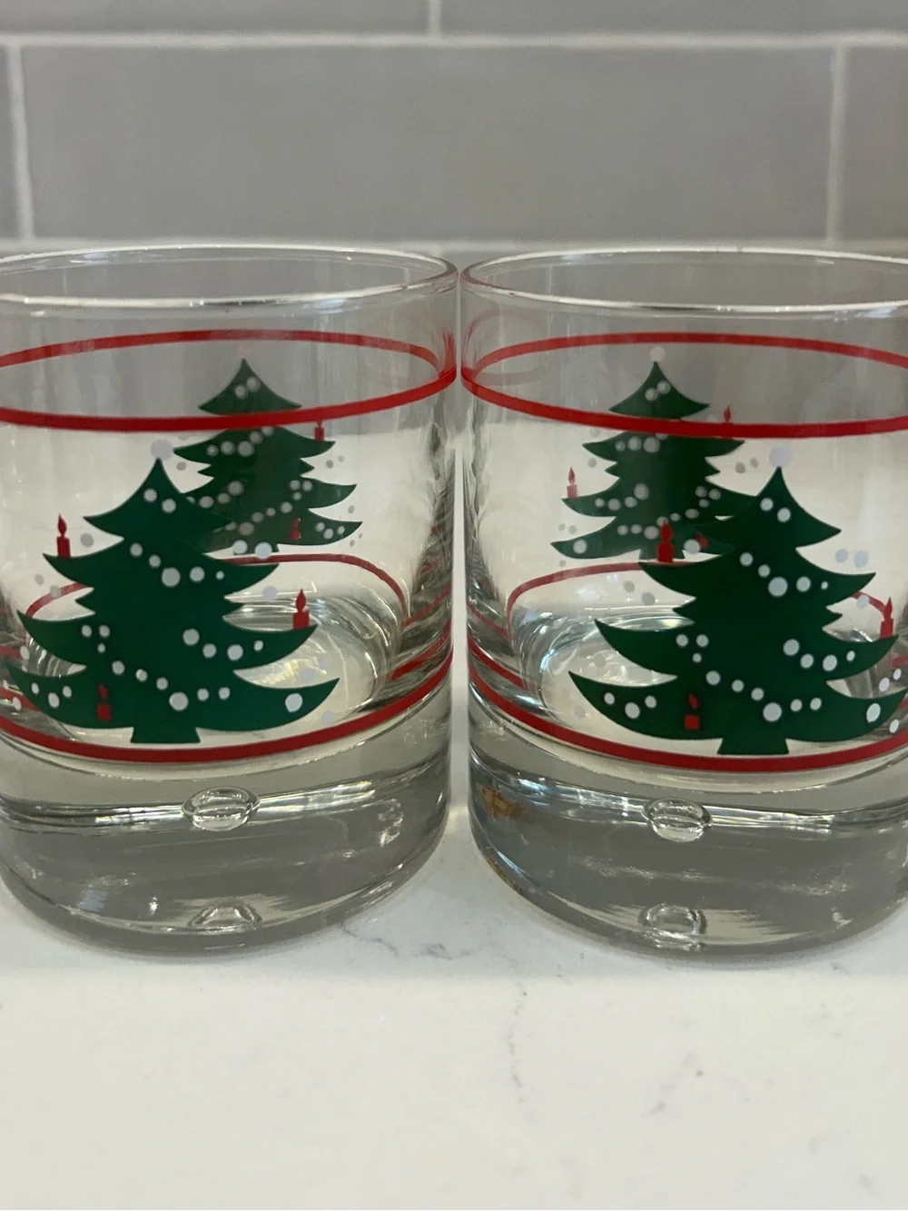 Holiday Glasses Tumblers with Green Christmas Tree & Red Candles - set of 6